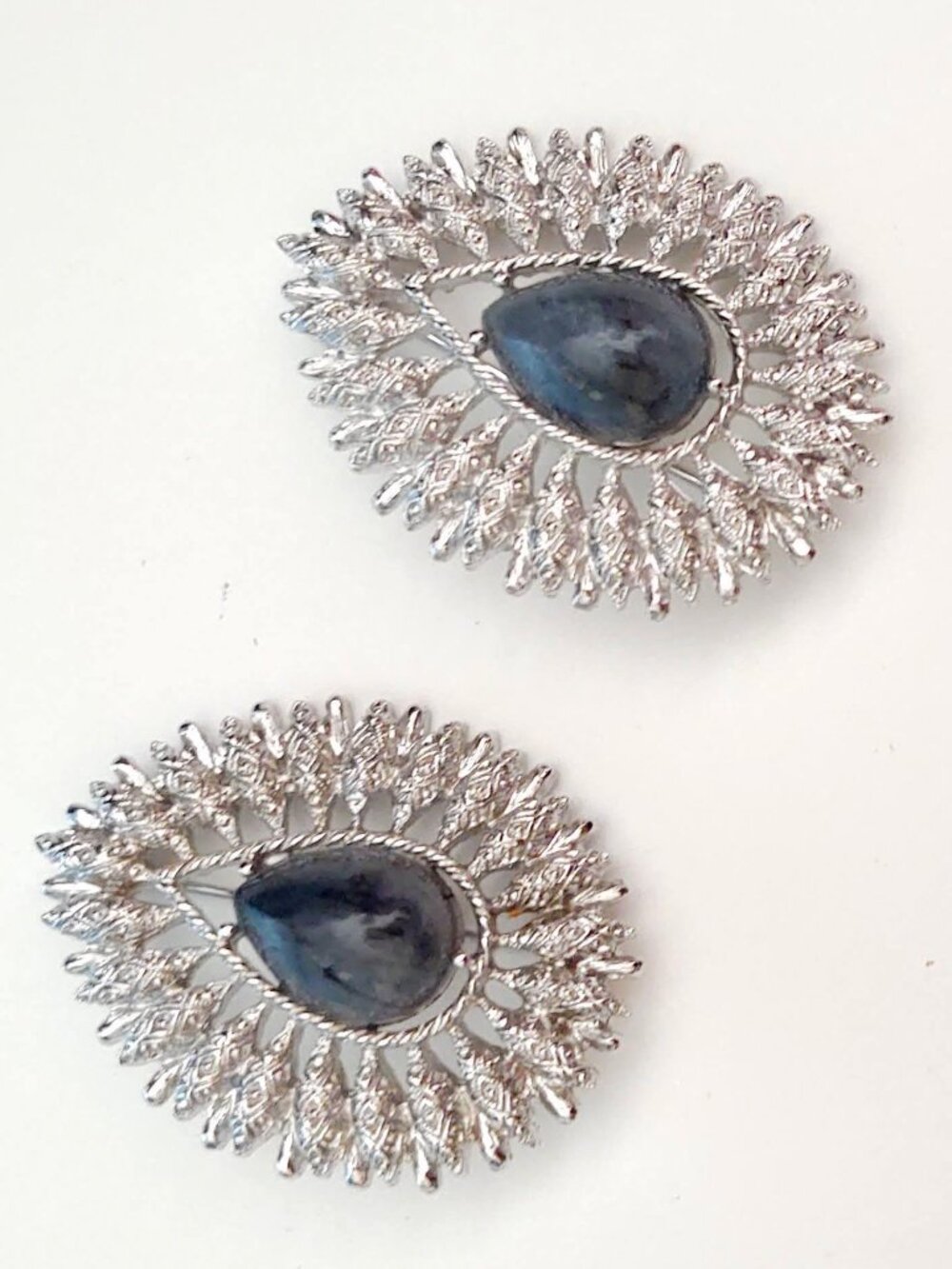 Pair of vintage Coventry teardrop shaped silver and gray brooches